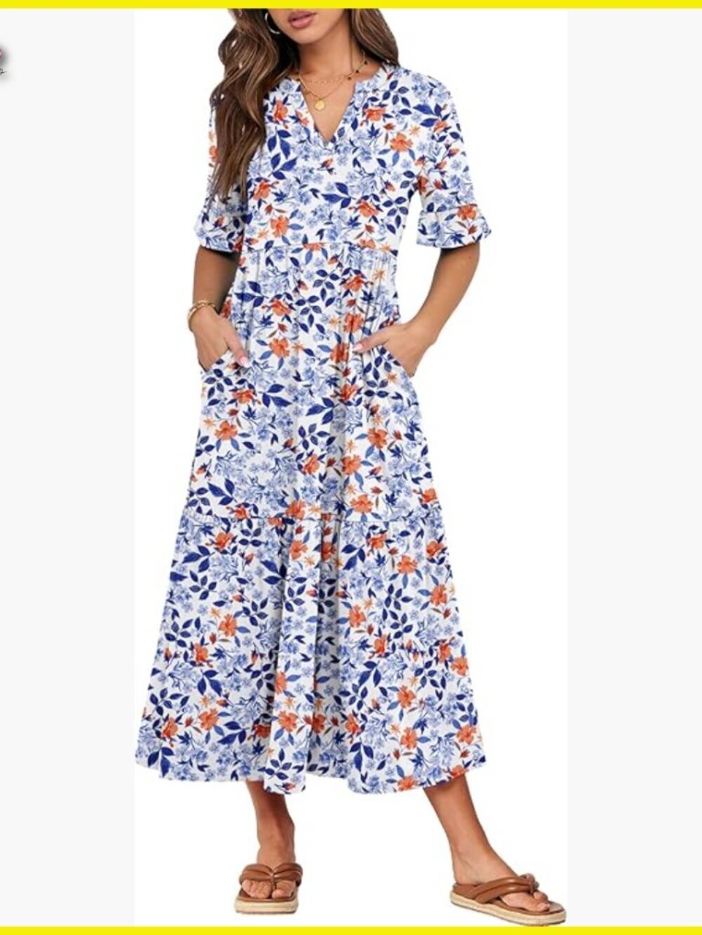 Boho Maxi Dress Ruffle Sleeves V-Neck Tiered Casual Flowy Summer Beach Wear